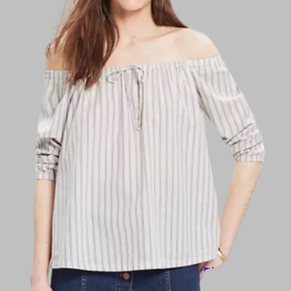 MADEWELL Cotton Blue Pinstripe Off The Shoulder Peasant Summer Coastal Blouse - Picture 2 of 6
